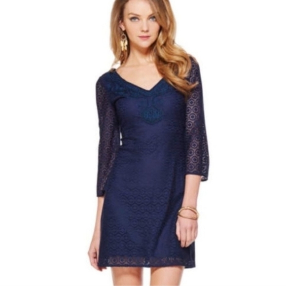 Lilly Pulitzer Navy Alden Tunic Dress Embroidered Neckline V-Neck Medium - Picture 12 of 12